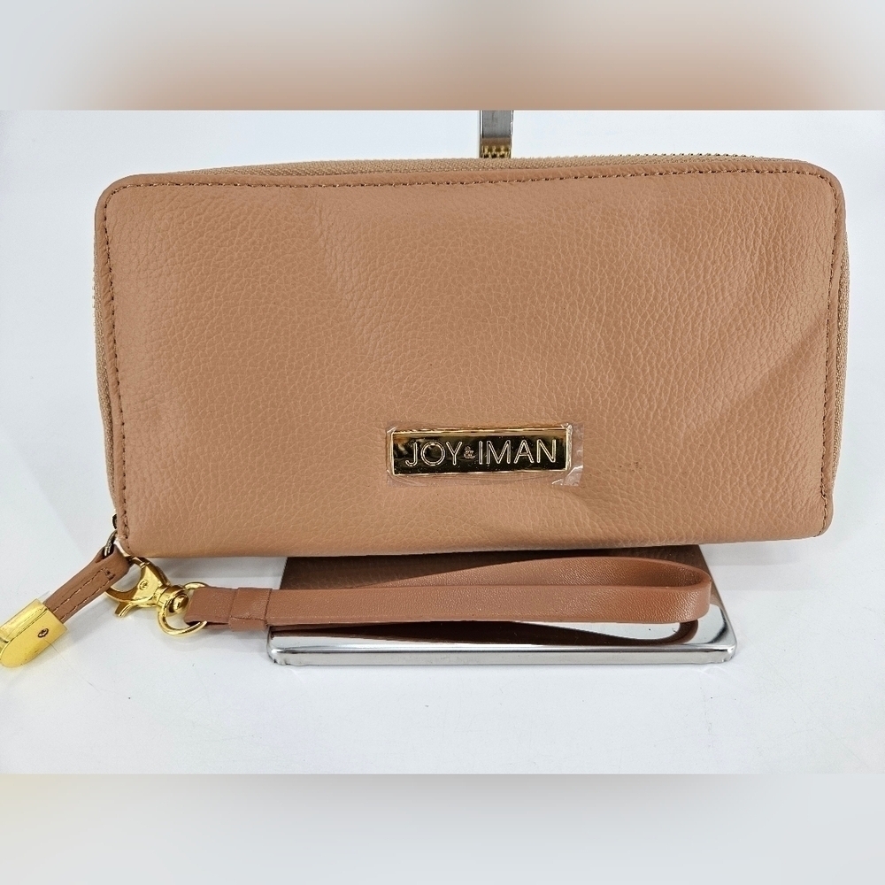 JOY & IMAN Leather Tan Leather Zip Around Wallet Gold Accents Wristlet Strap